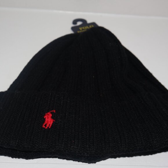 Polo Ralph Lauren Black Ribbed Knit Beanie Hat Red Pony Logo New With Tags Winte - Picture 2 of 3